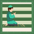 Side View Character of Muslim Young Boy Offering Namaz (Prayer) on Green Mat. Islamic Festival Greeting