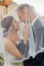 Side view of smiling wedding couple standing under veil. Young woman touching face of man, young groom hugging bride. Royalty Free Stock Photo