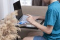 Side view of child with credit card in his hand pressing buttons on keyboard of laptop, Royalty Free Stock Photo