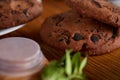 Side view of chocolate chip cookies on a wooden plate over rustic background, selective focus Royalty Free Stock Photo