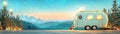 Side view Christmas camper with twinkling lights, forest backdrop, stars shining Royalty Free Stock Photo