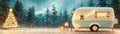 Side view Christmas camper with twinkling lights, forest backdrop, stars shining Royalty Free Stock Photo
