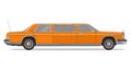 Side view classic orange stretch limousine resting against plain white. Limousine illustration