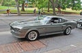 Side view of a classic silver car rented as a part of wedding cortege. Shelby 1967 Mustang GT500 model