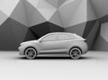 Side view of clay rendering electric SUV on geometric background