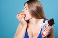 Side view close up of chubby lady eating apple Royalty Free Stock Photo