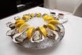 Side view close up food shot of fresh raw shucked open oysters lying between lemon slices on a round cold ice tray next to