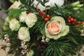 Side view of close up winter bridal bouquet