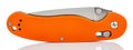 Side view of closed folding pocket knife with textured bright orange composite plastic cover plates on steel handle isolated on Royalty Free Stock Photo