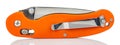 Side view of closed folding pocket knife with textured bright orange composite plastic cover plates on steel handle isolated on Royalty Free Stock Photo