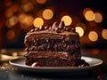 One piece of chocolate cake on white plate with bokeh light Side view closeup, Generative AI Royalty Free Stock Photo