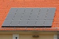 Side view of cluster of eighteen brand new solar panels mounted on top of renovated office building new roof Royalty Free Stock Photo