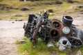 Side view of crash damaged aircraft engine