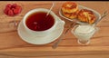 Side view on curd casserole with sour cream, black breakfast morning tea and fresh delicious strawberries Royalty Free Stock Photo