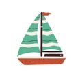Side view of cute doodle sailboat isolated on white background. Boat with sails. Colorful nautical ship. Colored flat vector