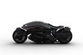 Side view 3D illustration of a black coloured futuristic cyberpunk style motorbike isolated on a white background