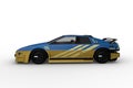 Side view 3D rendering of a blue and yellow futuristic cyberpunk style car isolated on a white background Royalty Free Stock Photo