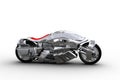 Side view 3D illustration of a futuristic cyberpunk style silver motorcycle isolated on a white background