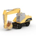 Side view of a 3D-rendered holland diecast excavator model against a white background.