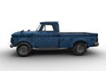 Side View 3D Rendering Of A Dirty Old Vintage Blue Pickup Truck Isolated On White