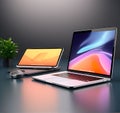 Side View 3D Rendering of Newly Released Apple MacBook Air and iPhone 14 in Silver Color - Laptop Mockup