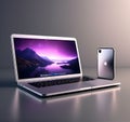 Side View 3D Rendering of Newly Released Apple MacBook Air and iPhone 14 in Silver Color - Laptop Mockup Royalty Free Stock Photo