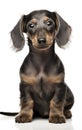 Side view of a Dachshund dog sitting at the camera in front isolated of white background