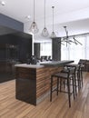 Side view of a dark kitchen interior with a wooden floor, a bar stand with stools and metal ceiling lamps Royalty Free Stock Photo