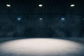 Side view dark smokey garage interior with spotlight and concrete floor, car background and empty stage concept. 3D Rendering, Royalty Free Stock Photo