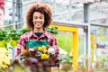 Side view of a dedicated florist holding a tray with decorative flowers