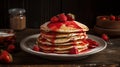 A side view of a delicious pancake decorated in a plate and many strawberries by AI