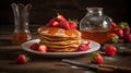 A side view of a delicious pancake decorated in a plate and many strawberries by AI