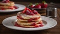 A side view of a delicious pancake decorated in a plate and many strawberries by AI
