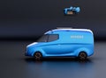 Side view of delivery drone takeoff from two-tone electric powered delivery van on black background