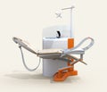 Side view of dental unit equipment on warm gray background