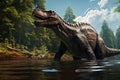 Side View of Dinosaur Walking in River Water with Forest View Background on Bright Day