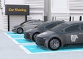 Side view of electric cars parking in car sharing only parking lot