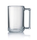 Side view of empty clear glass mug