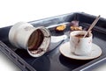 A dirty coffee Cup and saucer and a coffee mug Royalty Free Stock Photo