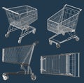 Side view of an empty metal shopping cart isolated on a dark background. Different angles of the grocery basket, 3d Royalty Free Stock Photo