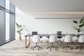 Side view of empty conference room with office table and chairs, panoramic window, wooden floor and white walls. 3D Royalty Free Stock Photo