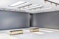 Side view on empty stylish art gallery hall with golden benches in the middle of glossy white floor and grey blank walls on the Royalty Free Stock Photo