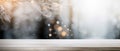 Side view of an empty white wooden table top with a gentle blurred soft light background. Bokeh effect. Christmas, holiday concept Royalty Free Stock Photo