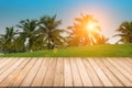 Side view empty wooden table in green spring or garden summer picnic on nature Royalty Free Stock Photo