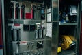 The side view of equipment packed neatly inside a fire engine, fire truck. boston, usa - oct, 2022