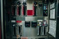 The side view of equipment packed neatly inside a fire engine, fire truck. boston, usa - oct, 2022