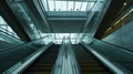 Side view of escalator on wall background with three blank light boxes. Generative Ai Royalty Free Stock Photo