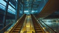 Side view of escalator on wall background with three blank light boxes. Generative Ai Royalty Free Stock Photo