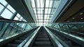 Side view of escalator on wall background with three blank light boxes. Generative Ai Royalty Free Stock Photo