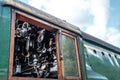 Side view of a famous British Steam Locomotive, showing detail of the driving cab, with its gauges and pipework. Royalty Free Stock Photo